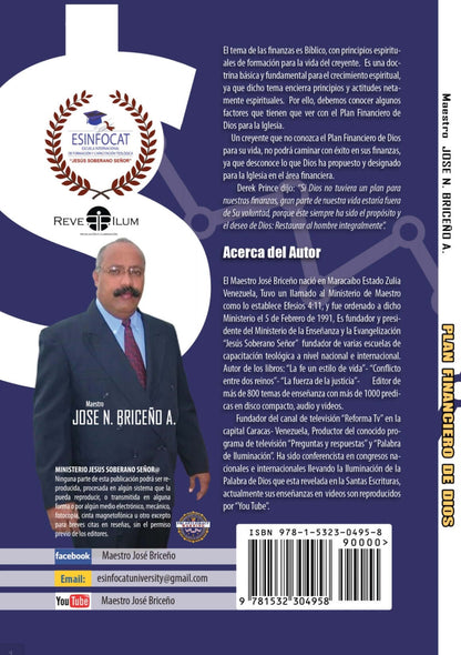 Back cover of the book 'Plan Financiero de Dios' by Jose N. Briceno, featuring author details and promotional elements.