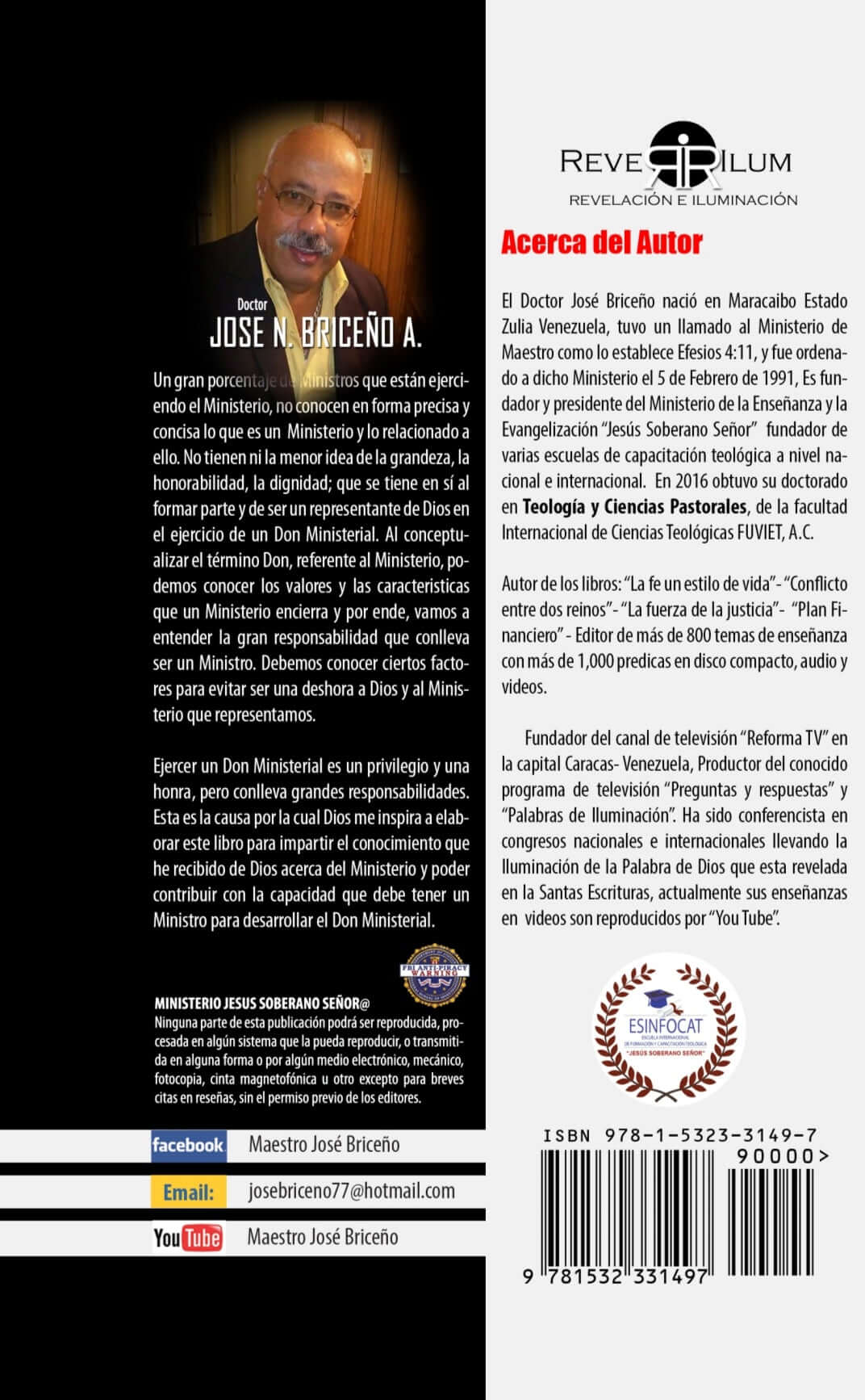 Back cover of 'Excelencia Ministerial' by José N. Briceno A. featuring author bio and contact information.
