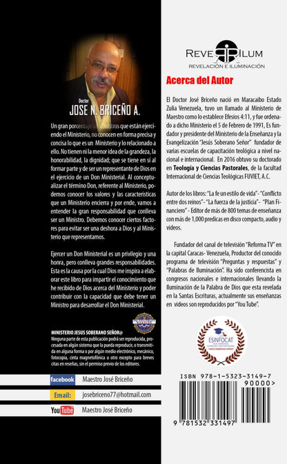 Back cover of 'Excelencia Ministerial' by José N. Briceno A. featuring author bio and contact information.